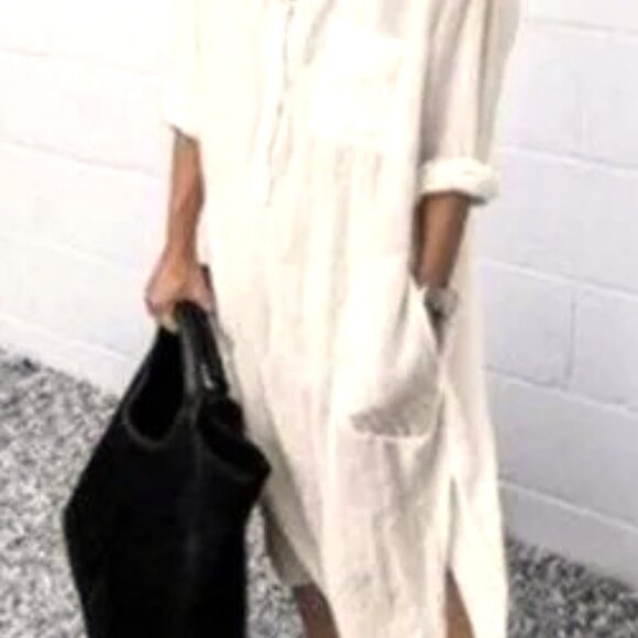 ELEGANT SIMPLE BEIGE LARGE SLIT SIDE BUTTON DOWN COLLAR LONG VERSATILE DRESS - Picture 3 of 3
